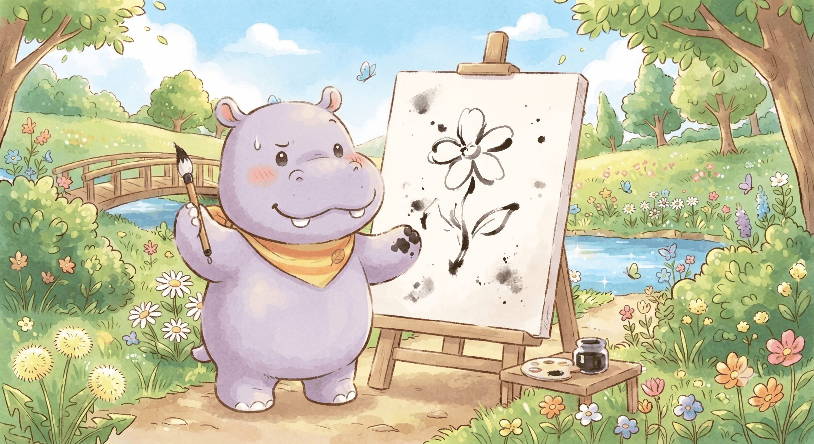 キャンバスに花の絵を描いているカバ
