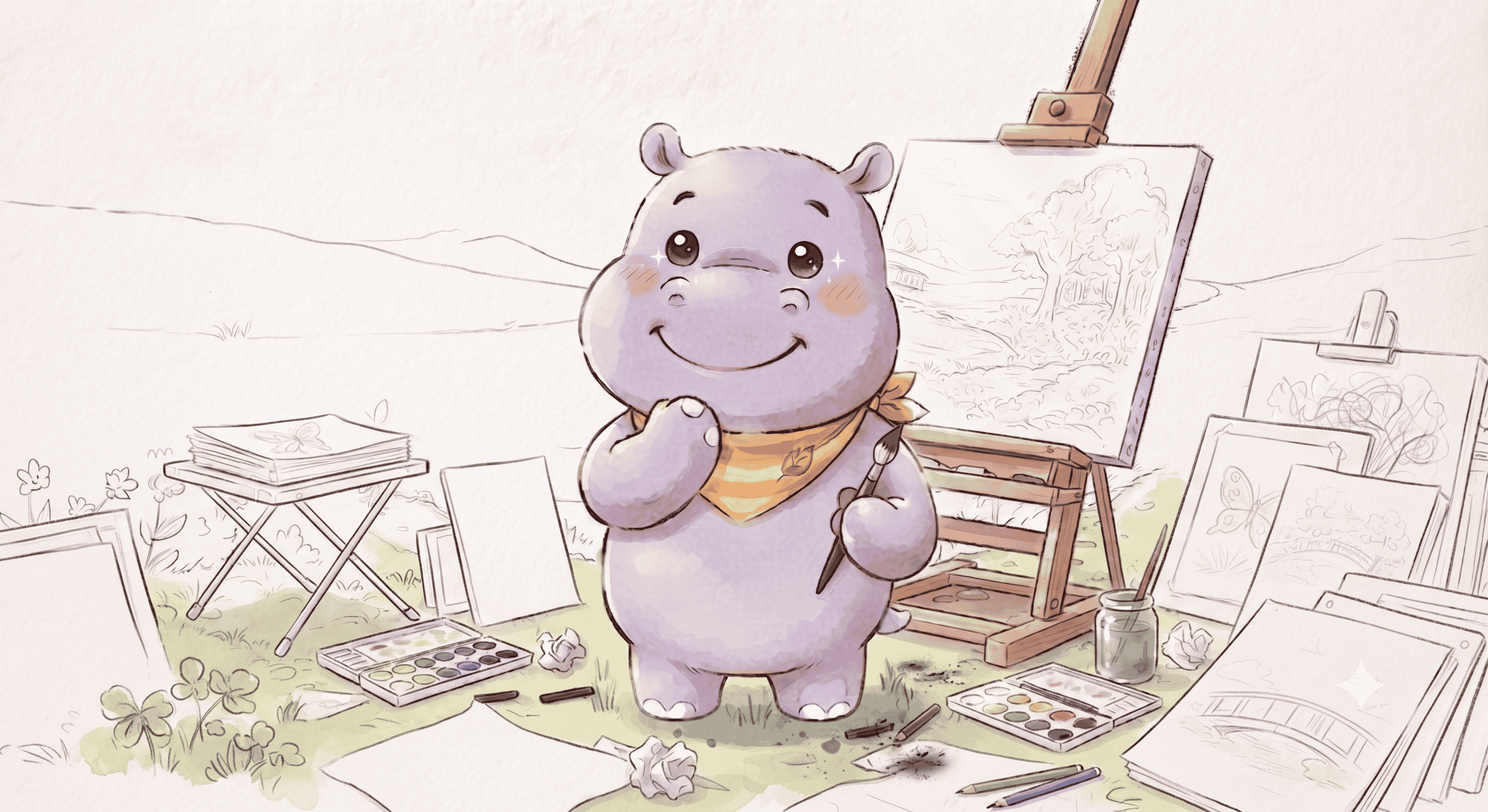 たくさんの画材に囲まれて絵を描くひっぽ